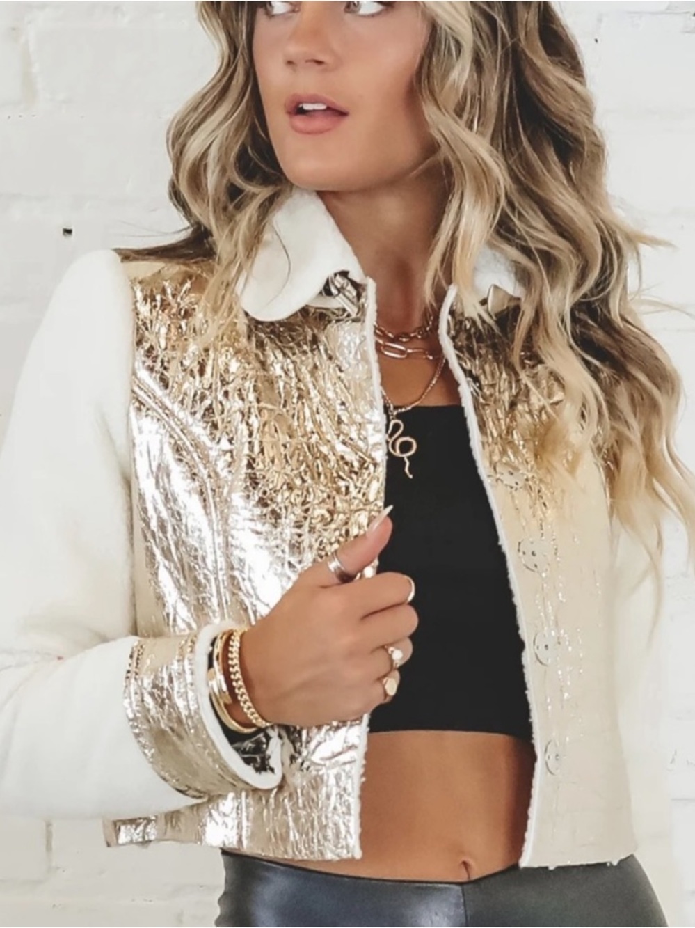 Rehab Lab Gold Metallic Ivory Sherpa Cropped Jacket Size M NWT